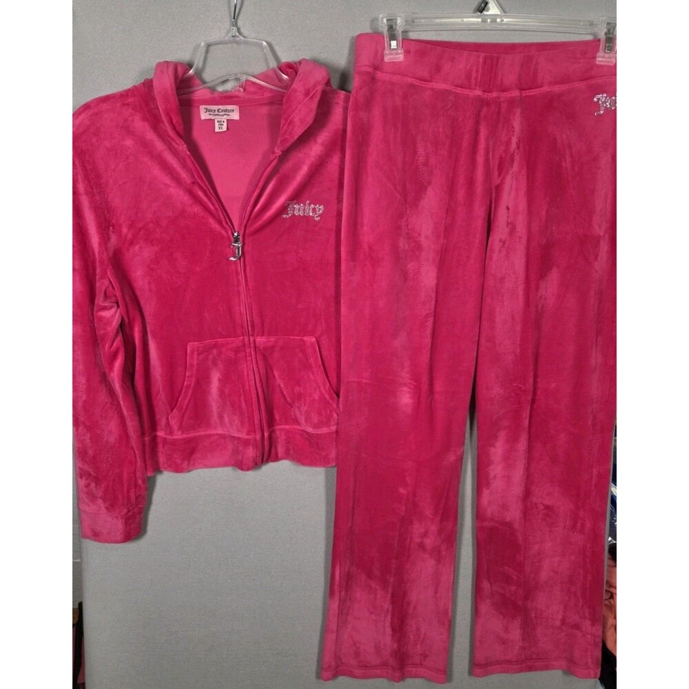Juicy Couture Tracksuit Matching Set Pink Large XL Jacket Pants Flared Velour